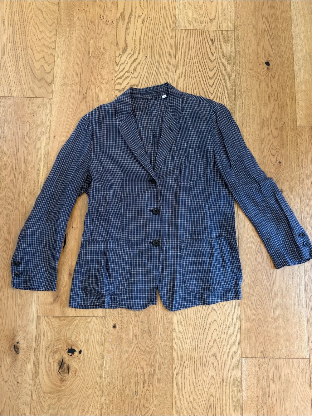 Muji Women's Navy Check Blazer - Linen Cotton Blend